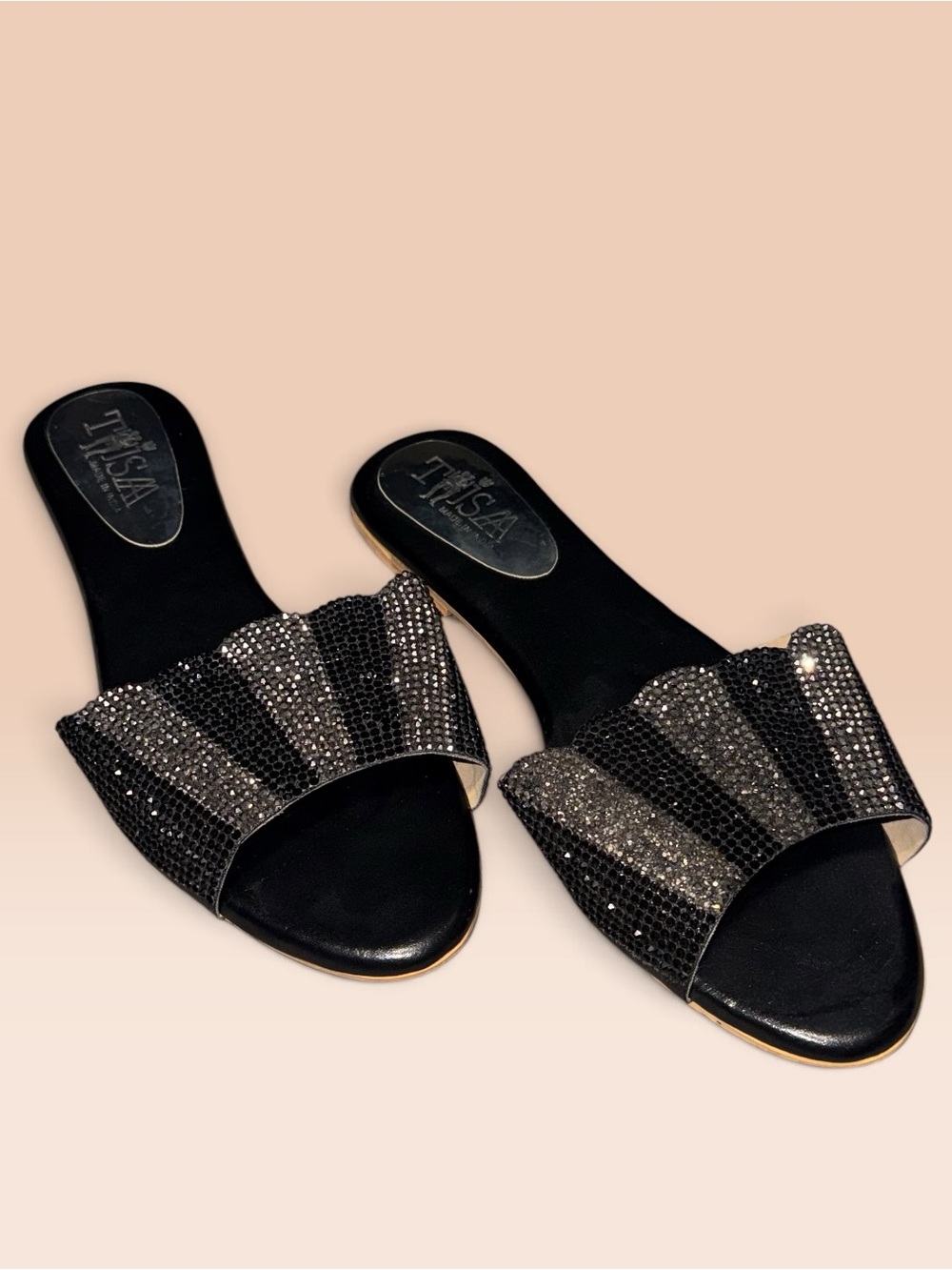 Nwot Embellished Black Slide Mules with Crystal Fan Detail